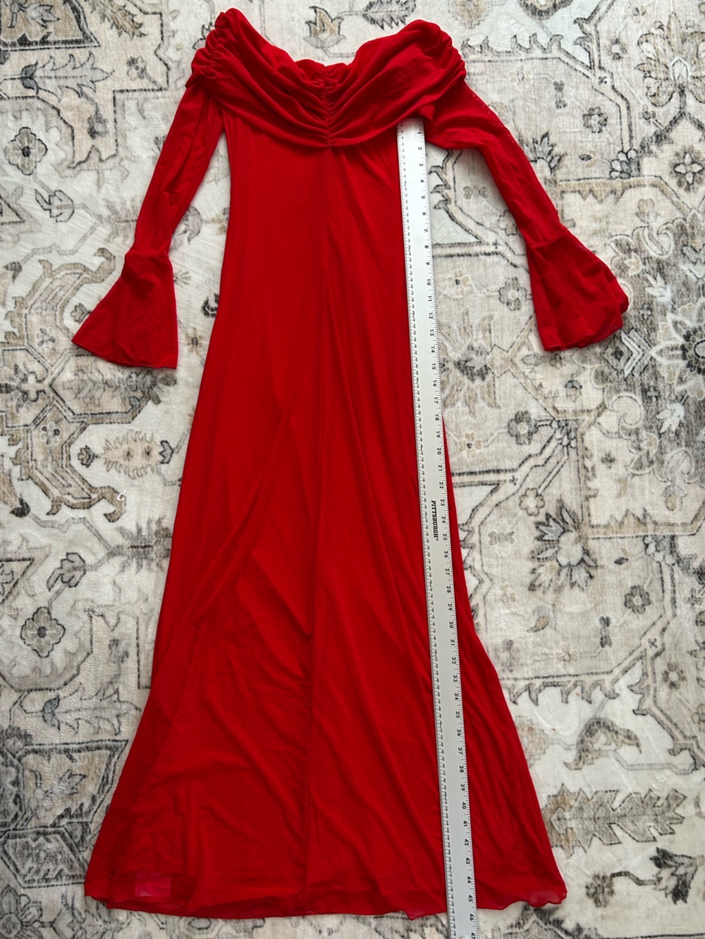 NEW KUTUMAI Off-Shoulder Red Long-Sleeve Maxi Dress with Fluted Cuffs stretch - Picture 5 of 9